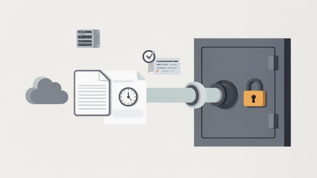 Document sécurisé avec horodatage et cloud, transféré vers un coffre-fort verrouillé, symbolisant la protection des données.