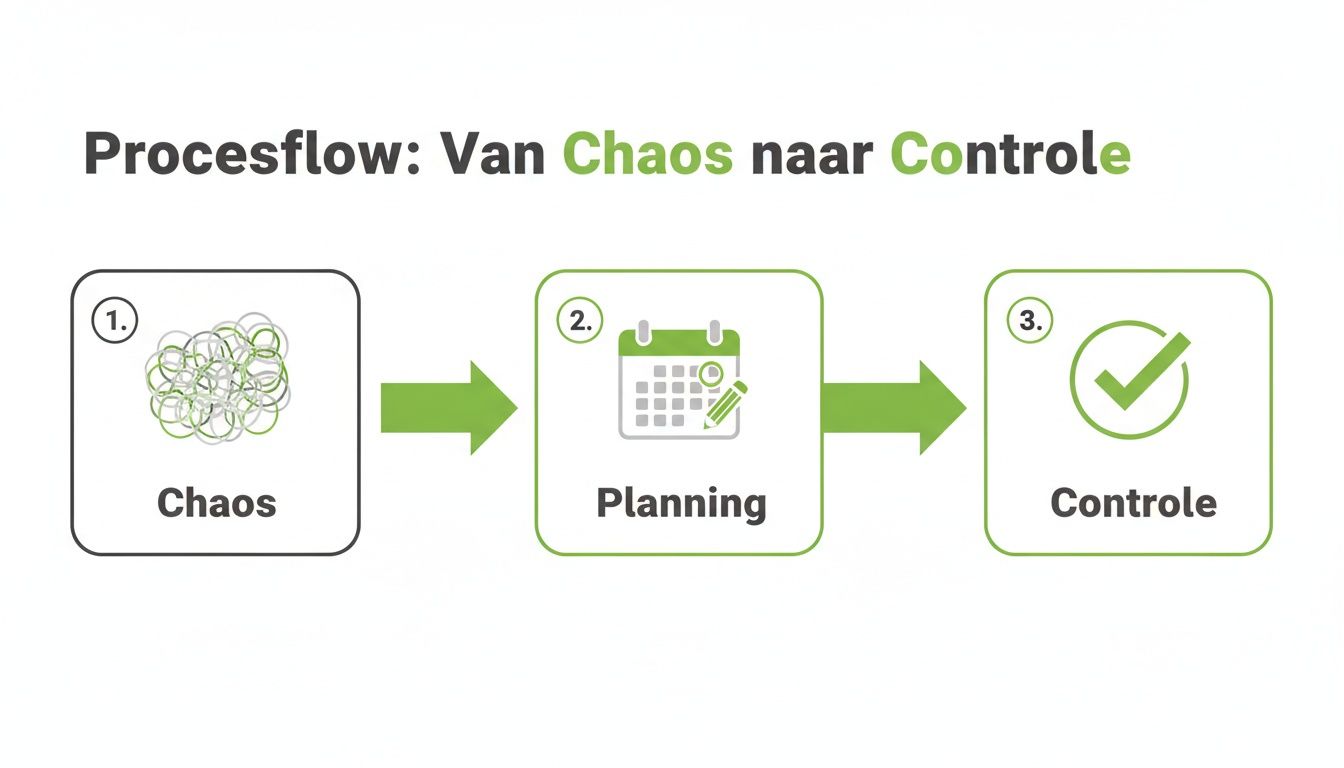 Procesflow van chaos naar controle. Drie stappen: van wanorde via planning naar geordende controle.