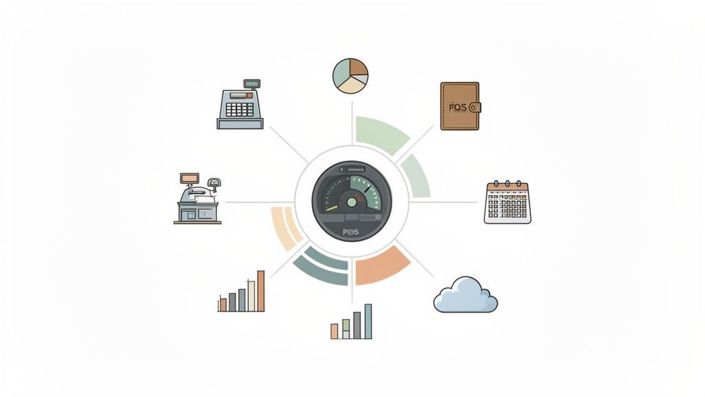 Een diagram met een centrale POS-meter omringd door pictogrammen zoals kassa's, grafieken, een kalender en een cloud.