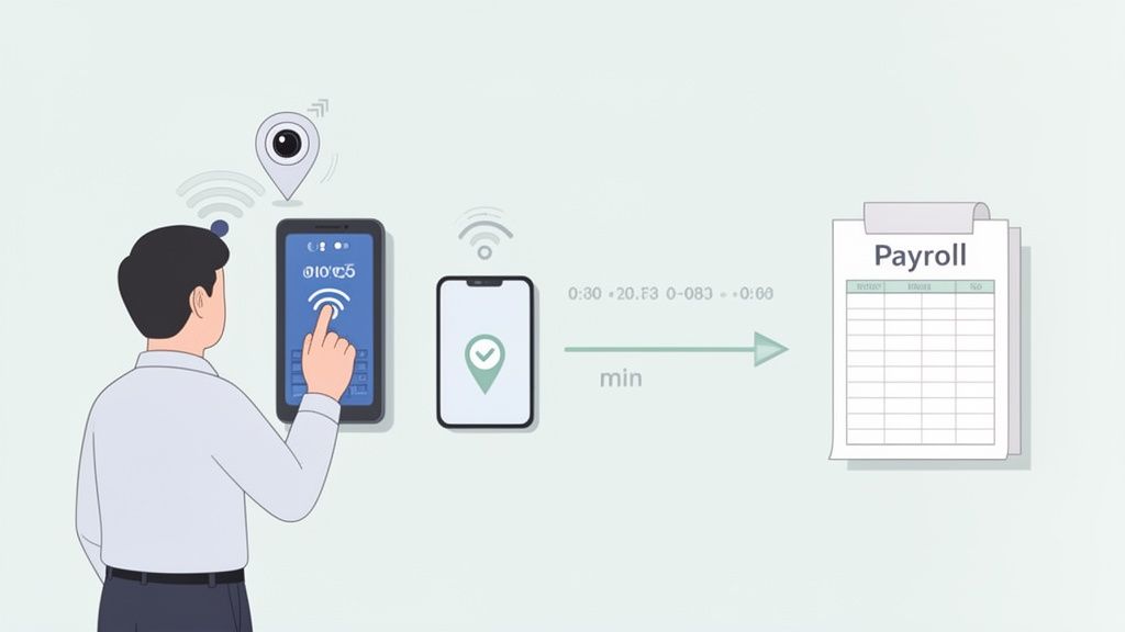 Een man registreert zijn aanwezigheid via een mobiel apparaat, gekoppeld aan een salarissysteem via locatietracking.