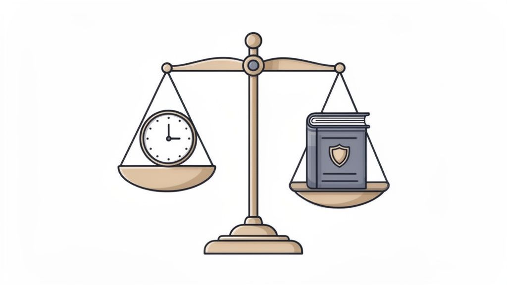 Une balance de justice équilibre une horloge et un livre avec un emblème de bouclier, symbolisant le temps et la loi.