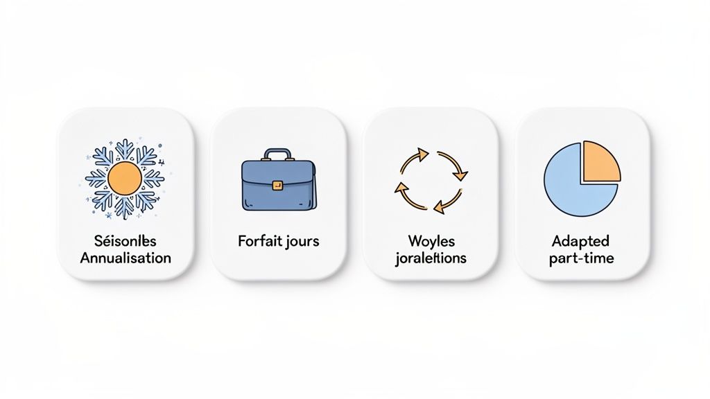 Quatre icônes blanches représentant des aménagements de temps de travail : saisonnier, forfait jours, rotations et temps partiel adapté.