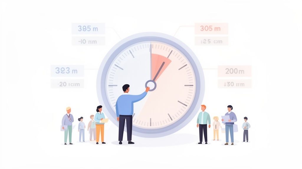 Un homme ajuste une grande horloge tandis que des personnes l'observent, avec des mesures de temps et de distance affichées.