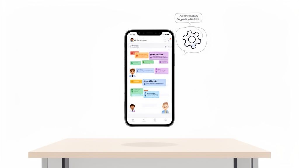 Téléphone mobile présentant une conversation, des suggestions automatiques avec icône d'engrenage, au-dessus d'une table en bois.
