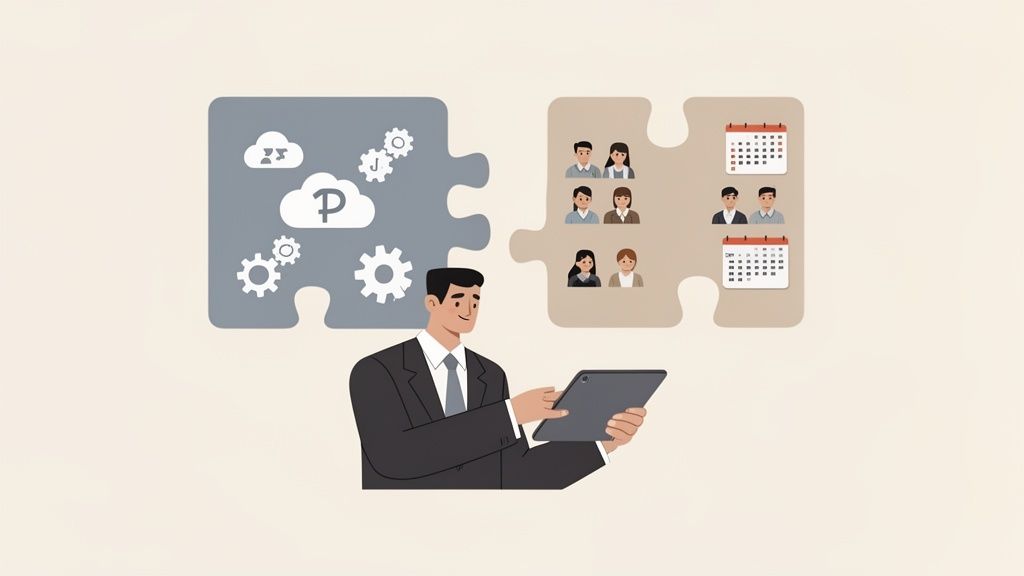 Un homme d'affaires utilise une tablette pour gérer des systèmes numériques, des équipes et des plannings, symbolisés par des pièces de puzzle.