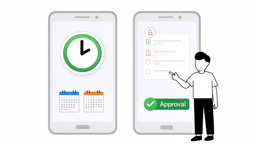 Deux smartphones affichent des icônes d'horloge, de calendrier et un écran d'approbation. Un homme pointe l'écran d'approbation.