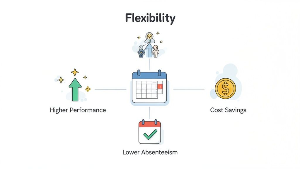 Infographie montrant la flexibilité au travail et ses bénéfices : meilleure performance, économies, réduction de l'absentéisme.