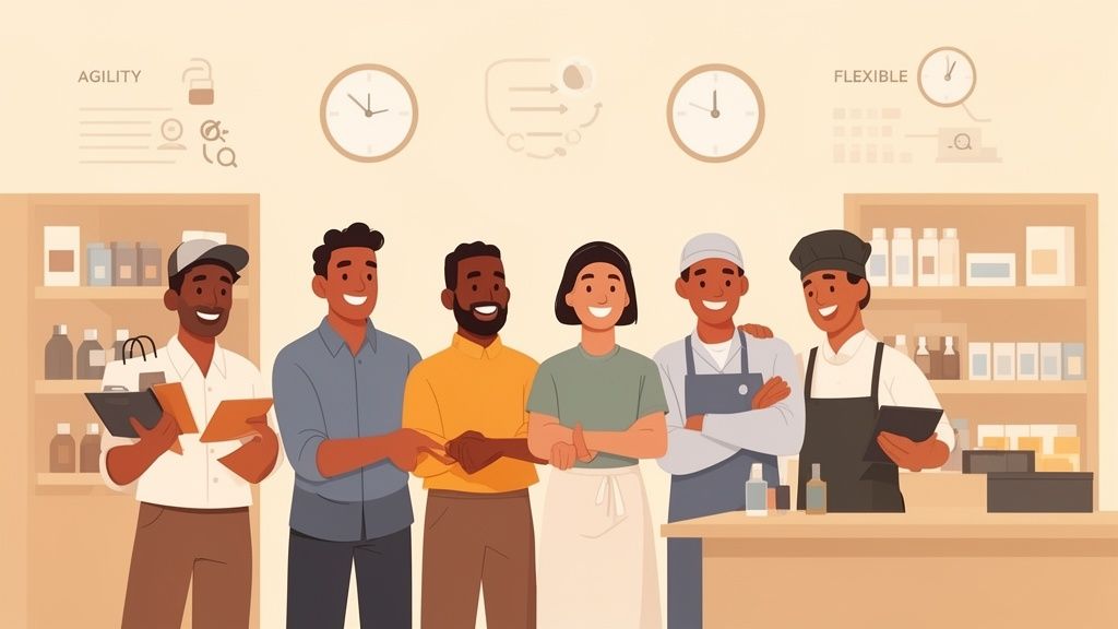 Un groupe diversifié de six employés souriants, côte à côte, symbolisant la flexibilité et l'agilité au travail.