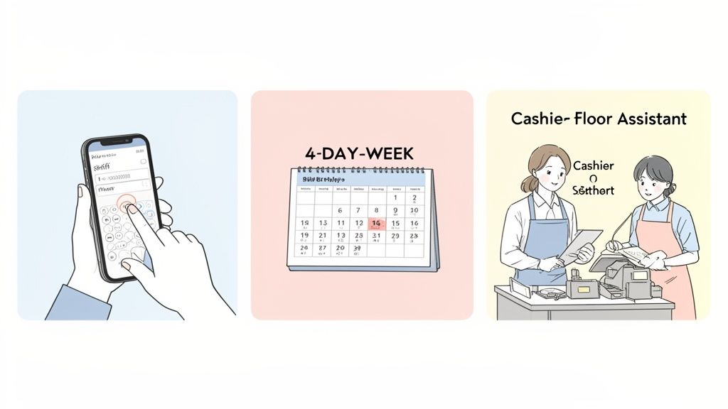 Trois illustrations présentant la flexibilité au travail: calcul de quarts sur téléphone, calendrier de semaine de 4 jours et assistantes de caisse.