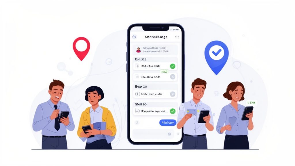 Quatre personnes utilisent des smartphones pour gérer des tâches sur une application de travail flexible, avec des repères de localisation.