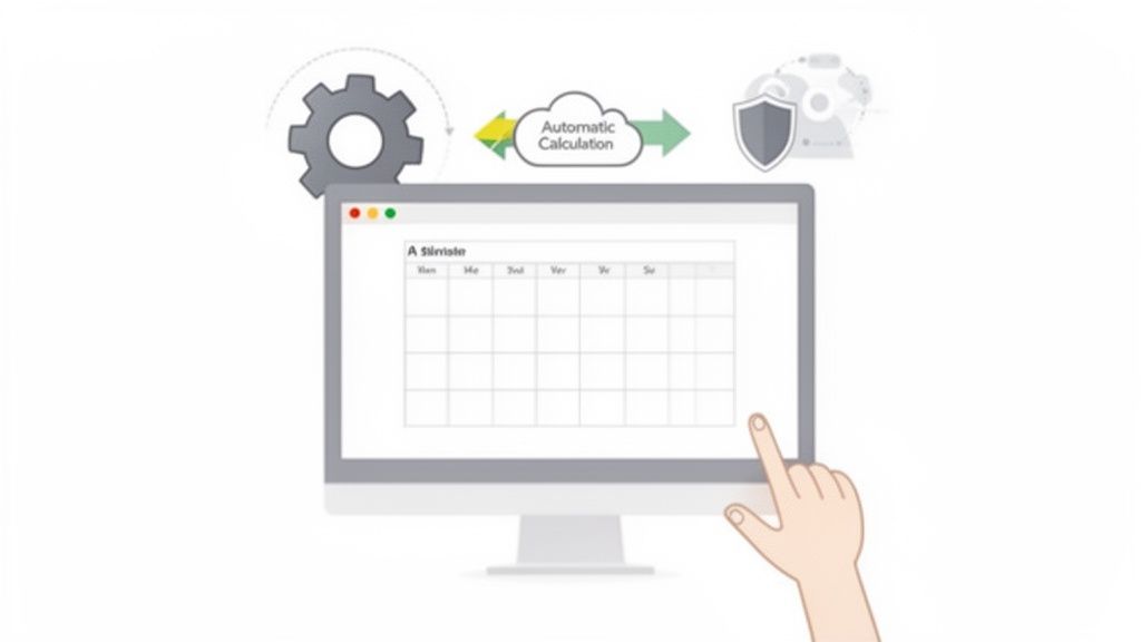 Illustration d'un processus : écran d'ordinateur, main interactive, calcul automatique, paramètres et sécurité.