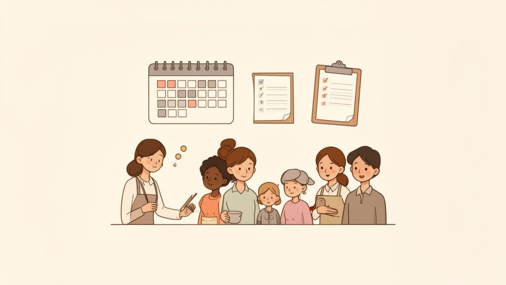 Un groupe diversifié de personnes devant un calendrier et des listes de tâches, suggérant l'organisation.