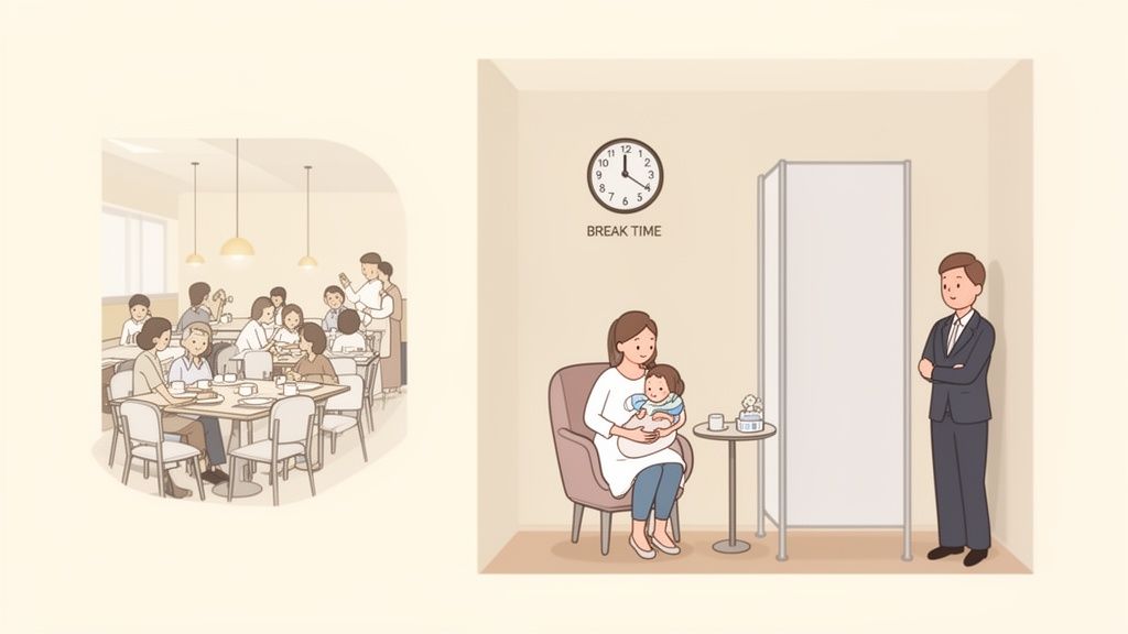 Une mère allaite son bébé dans une pièce calme avec un homme en costume, tandis que des collègues déjeunent à la cafétéria.