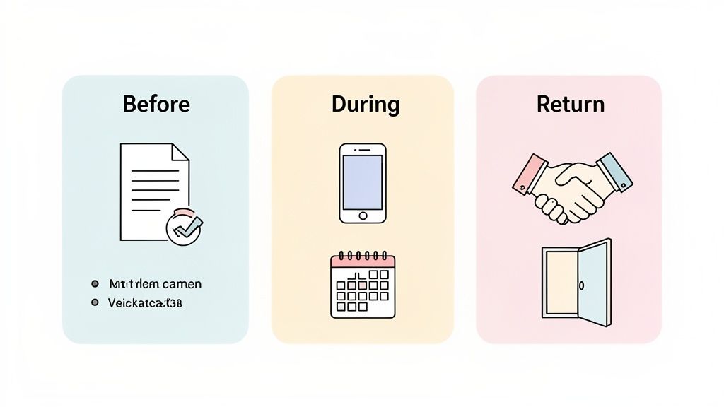 Illustration du processus des congés maternité et allaitement, divisé en avant, pendant et retour, avec des icônes descriptives.