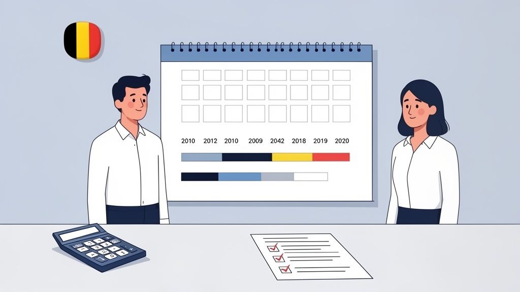 Un homme et une femme devant un calendrier, des graphiques chronologiques, une calculatrice et une liste de contrôle.