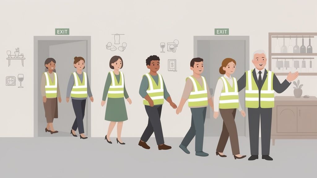 Groupe de personnes en gilets jaunes fluorescents suivant un guide vers une sortie d'urgence.