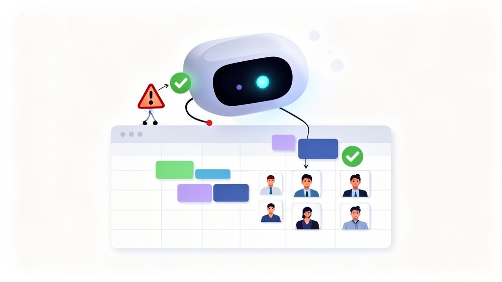 Robot automatiseert projectplanning met taken, medewerkers en statusupdates op een digitale kalender.