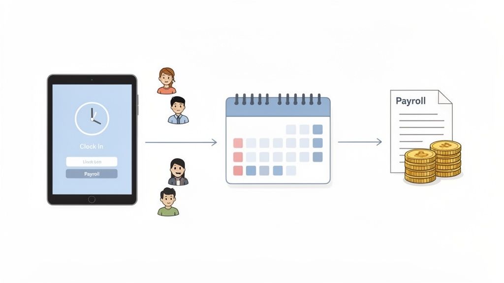 Illustratie van een online tijdregistratiesysteem voor medewerkers, gekoppeld aan een kalender en salarisadministratie.
