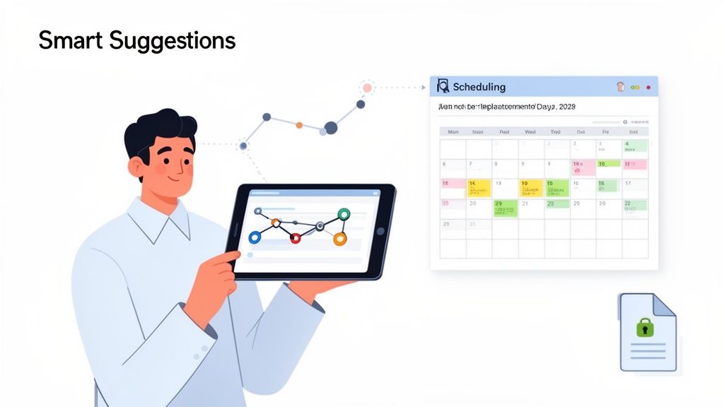 Un homme utilise une tablette affichant un graphique de données connecté à un calendrier, illustrant des suggestions intelligentes pour la planification.