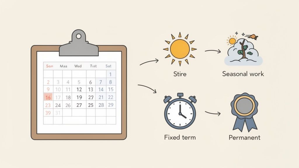 Un diagramme illustrant les différents types d'emploi : travail saisonnier, à durée déterminée et permanent, avec un calendrier.