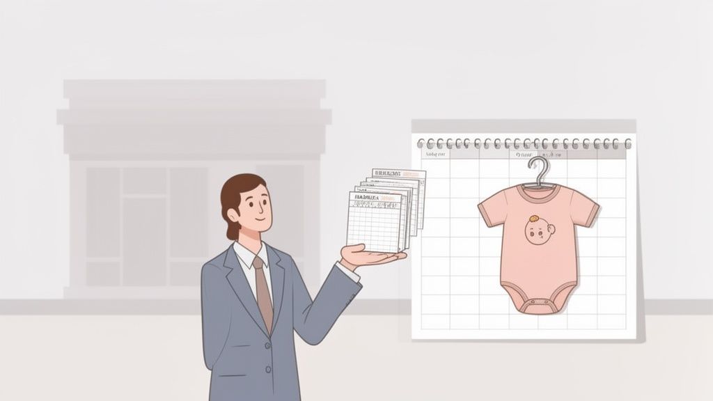 Un homme en costume tient des papiers, regardant un calendrier avec un body de bébé, symbolisant le congé parental.