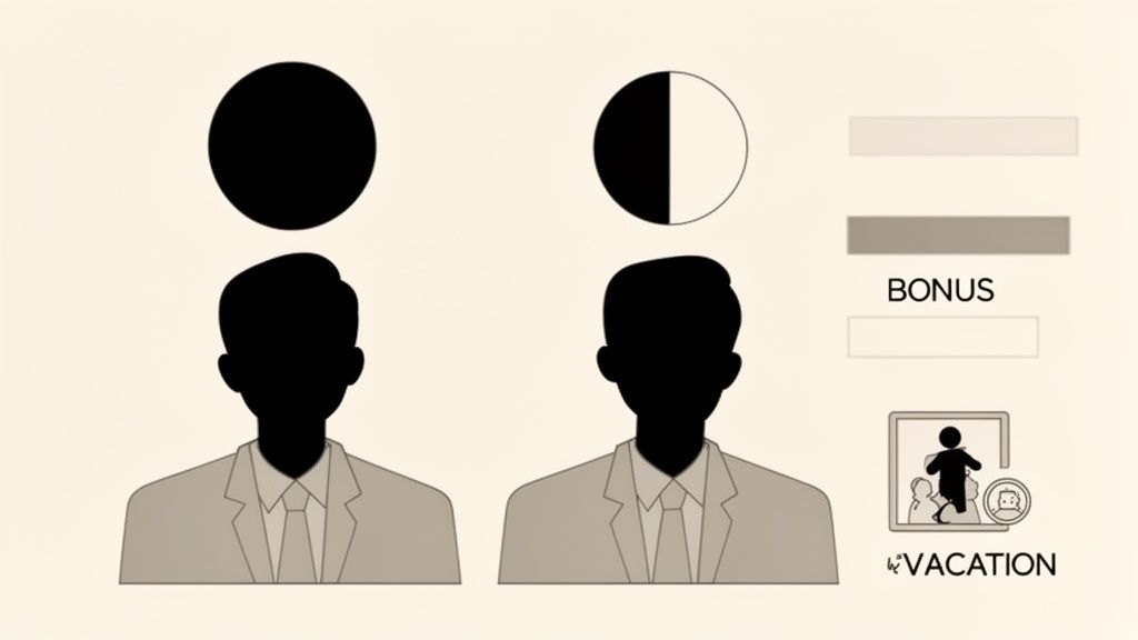 Deux silhouettes masculines illustrent des niveaux de bénéfices (complet ou partiel) pour congé parental, incluant bonus et vacances.