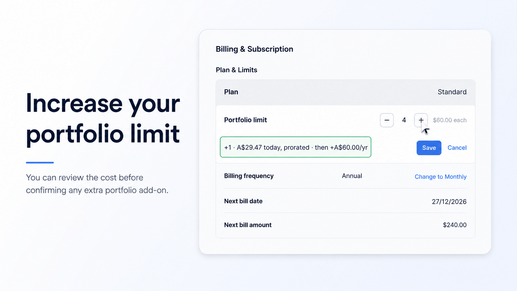 Screenshot-style product visual showing Billing & Subscription with Portfolio limit highlighted. Purpose: help customers recognise where to add portfolios. 