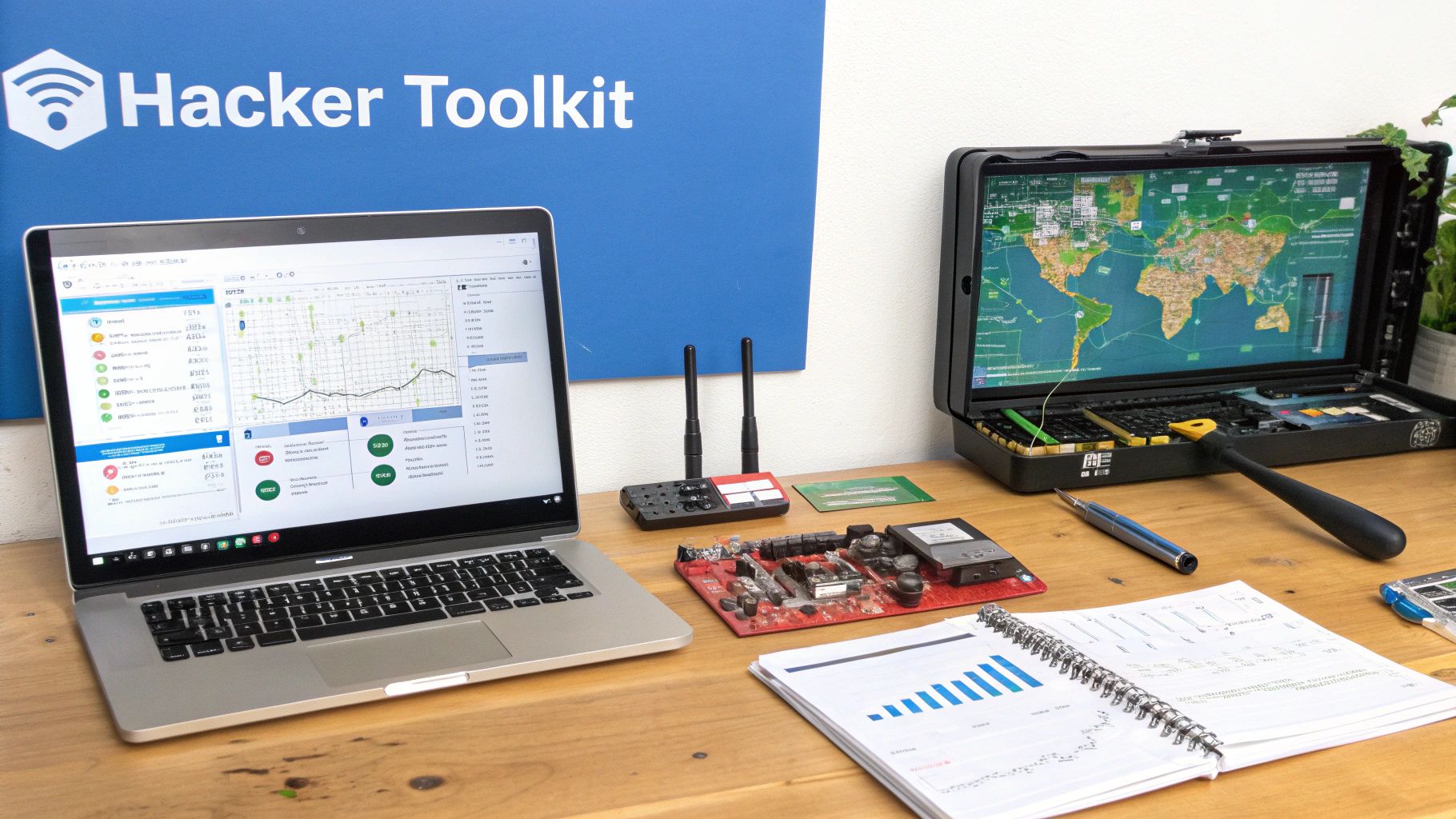 A stylized image showing various ethical hacking tools and software icons on a digital interface, representing a hacker's toolkit.