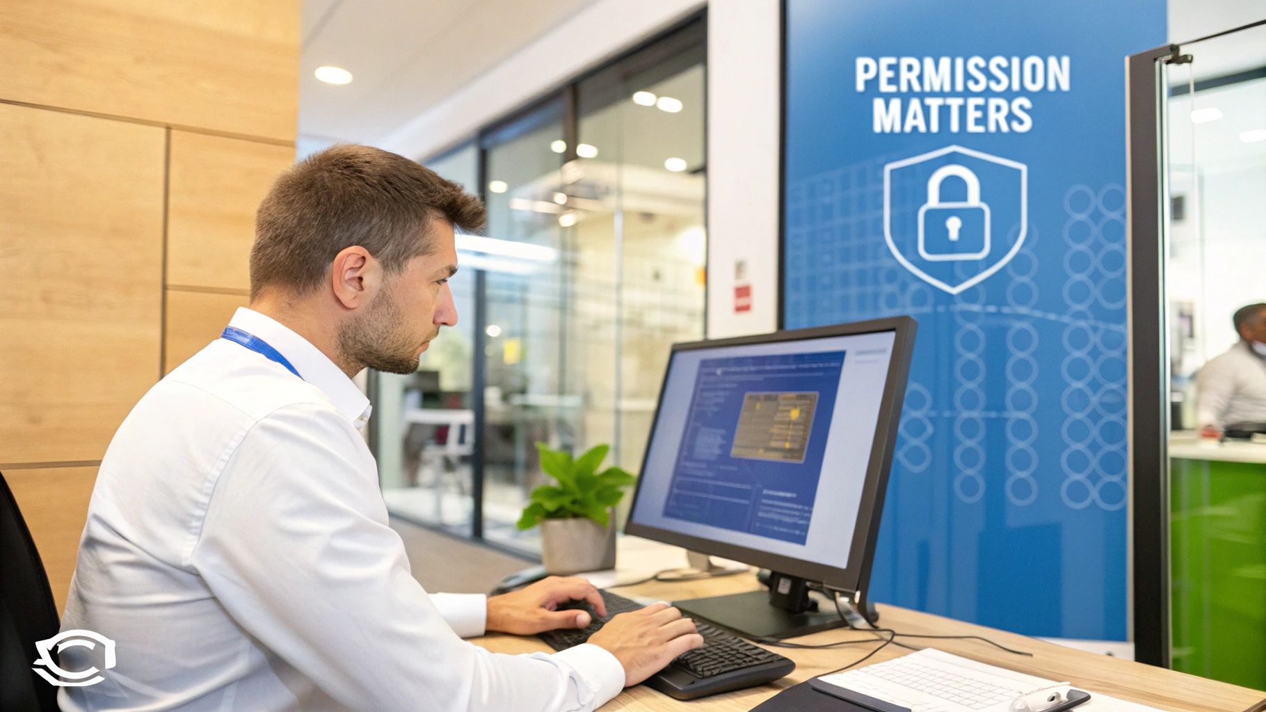 A team of cybersecurity professionals collaborating around a desk with multiple monitors displaying code and network diagrams.