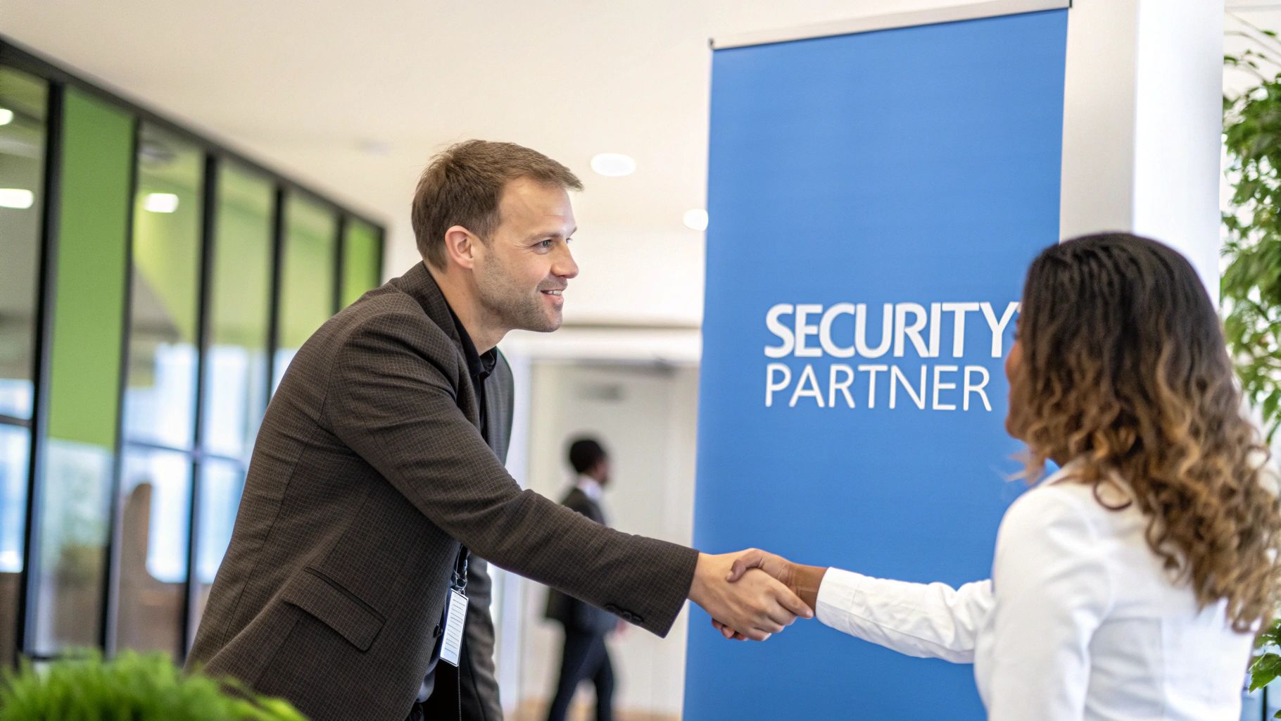 Two security professionals collaborating on a cybersecurity strategy
