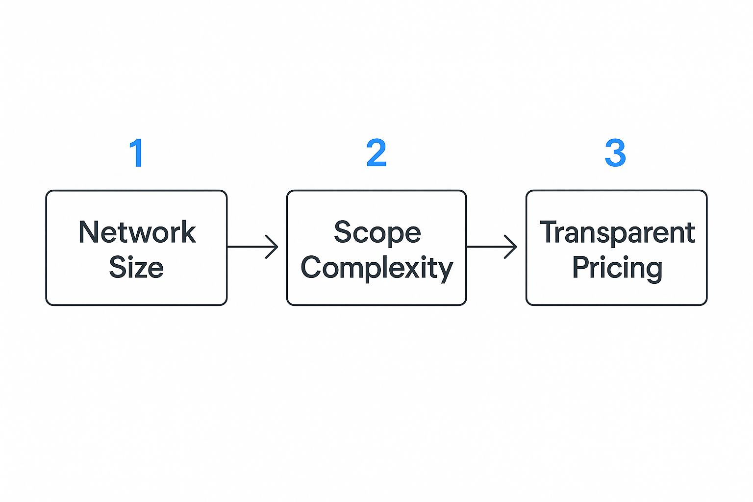 Infographic showing a process flow from Network Size and Scope Complexity to Transparent Pricing.