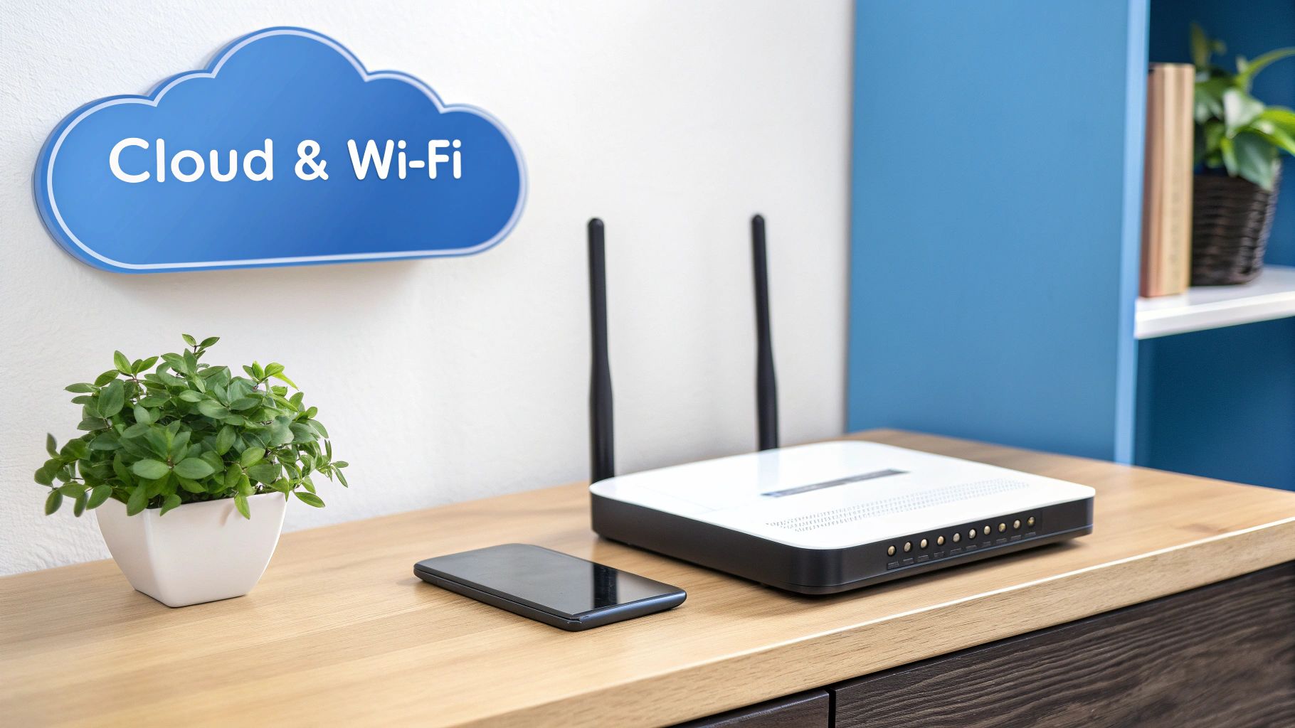 A graphic showing cloud and wireless network security concepts.
