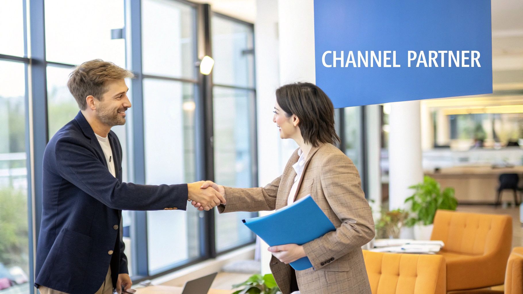 A team of professionals collaborating in a modern office setting, representing a partnership.
