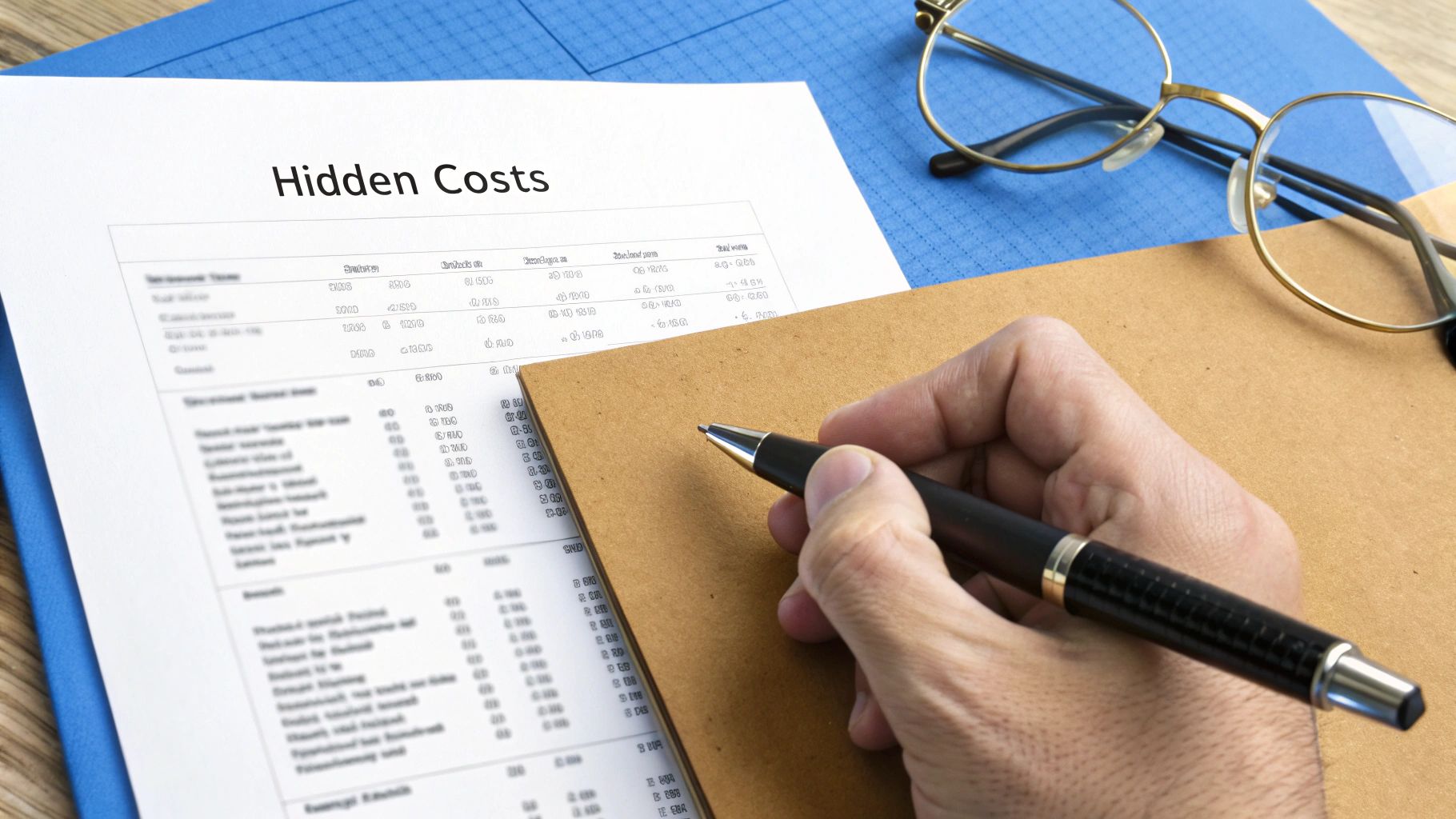 A magnifying glass hovering over a price tag, revealing hidden fees written in small print.