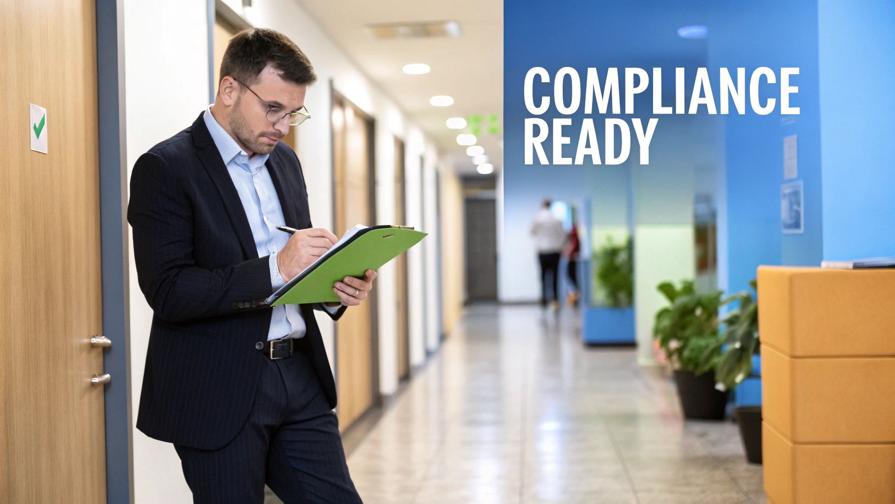 A professional GRC consultant reviewing compliance documents with an MSP partner, with SOC 2 and HIPAA logos visible.