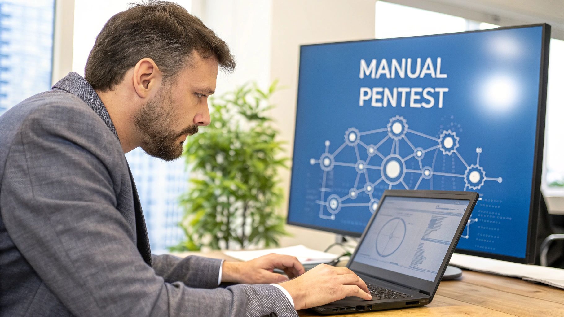 A person in a hoodie at a computer, representing an ethical hacker conducting a manual penetration test.