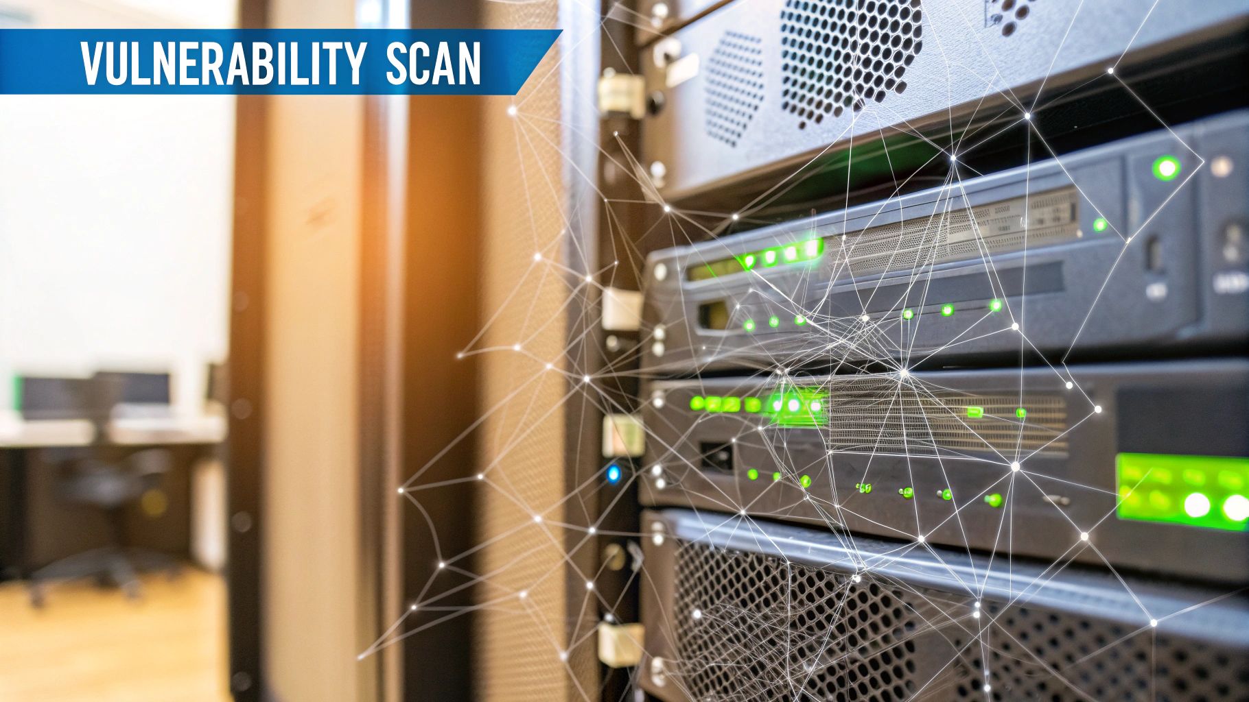 A digital dashboard showing a network scan in progress, illustrating a vulnerability assessment.