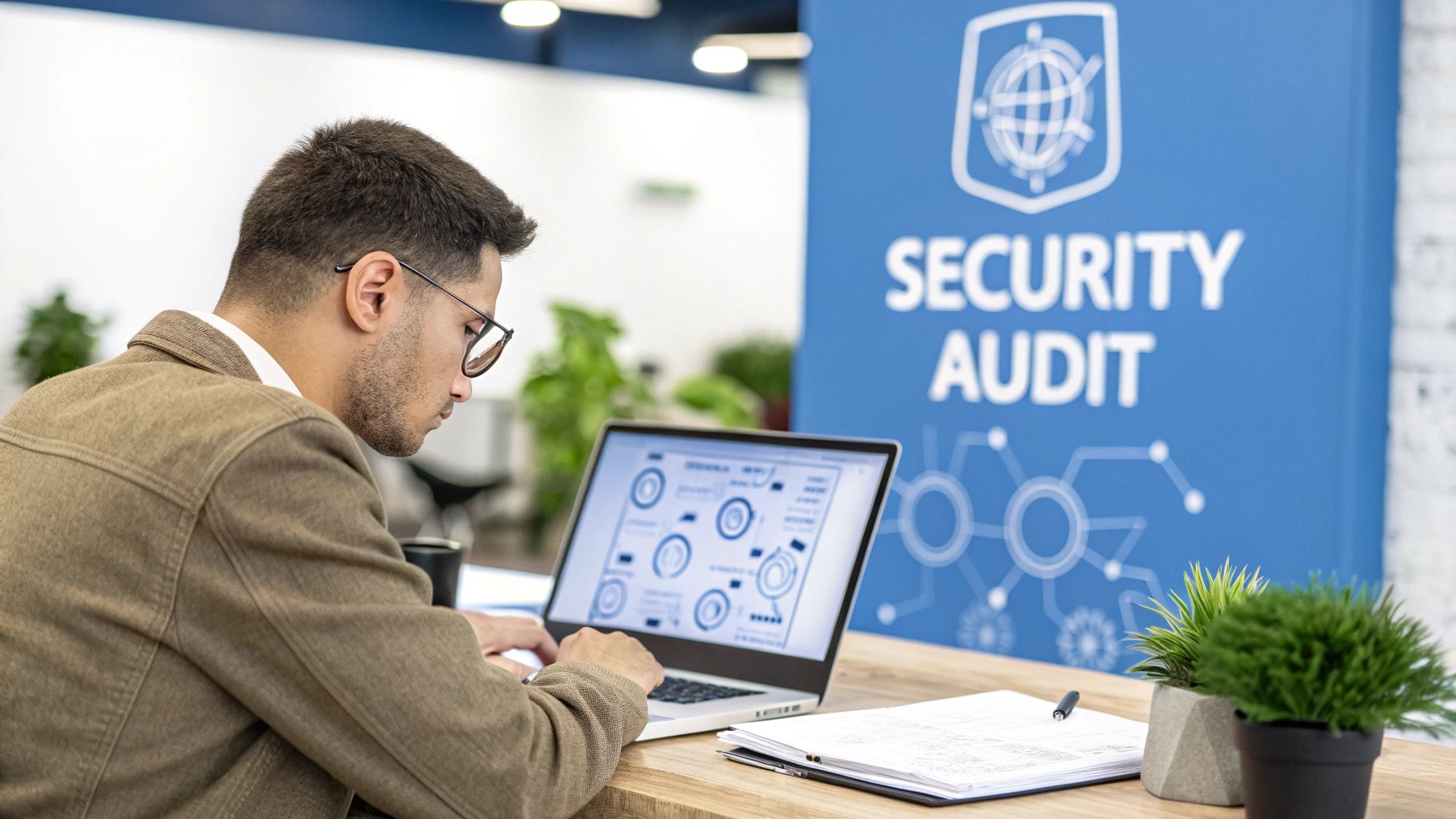 A cybersecurity professional analyzing data on multiple computer screens, representing a pentest vulnerability assessment.