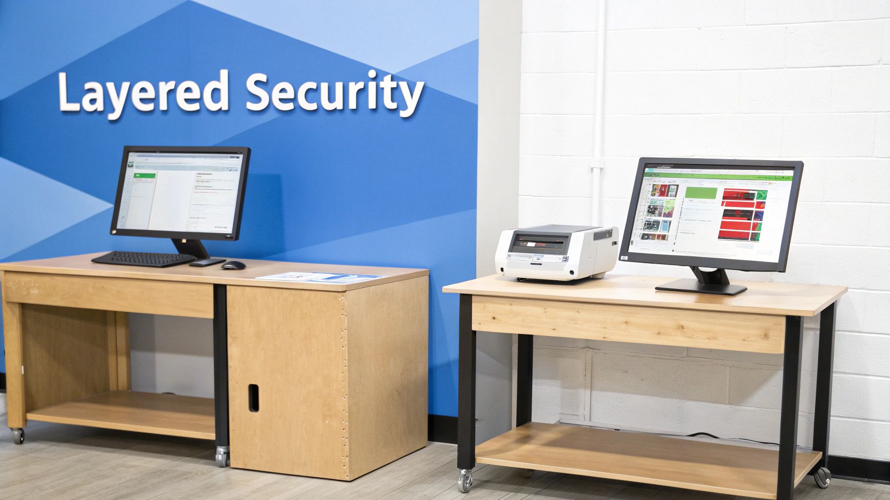 Man in a suit reviewing a security report on a laptop