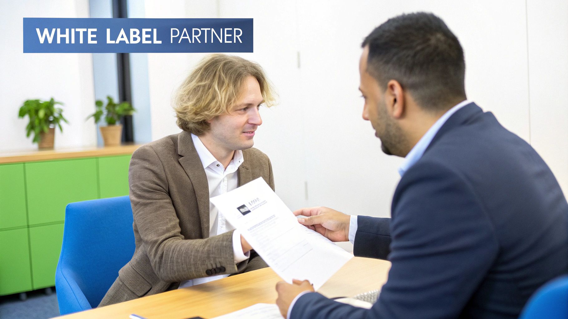 A person in a business suit shaking hands with a robot, symbolizing a partnership between MSPs and a pentesting firm.