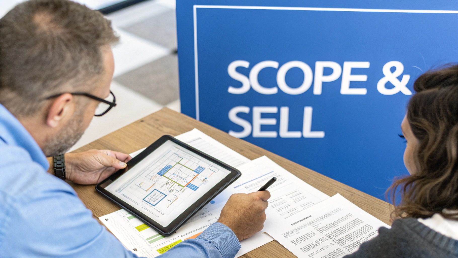 A professional discussing a security report with a client, illustrating how to scope and sell security audits.