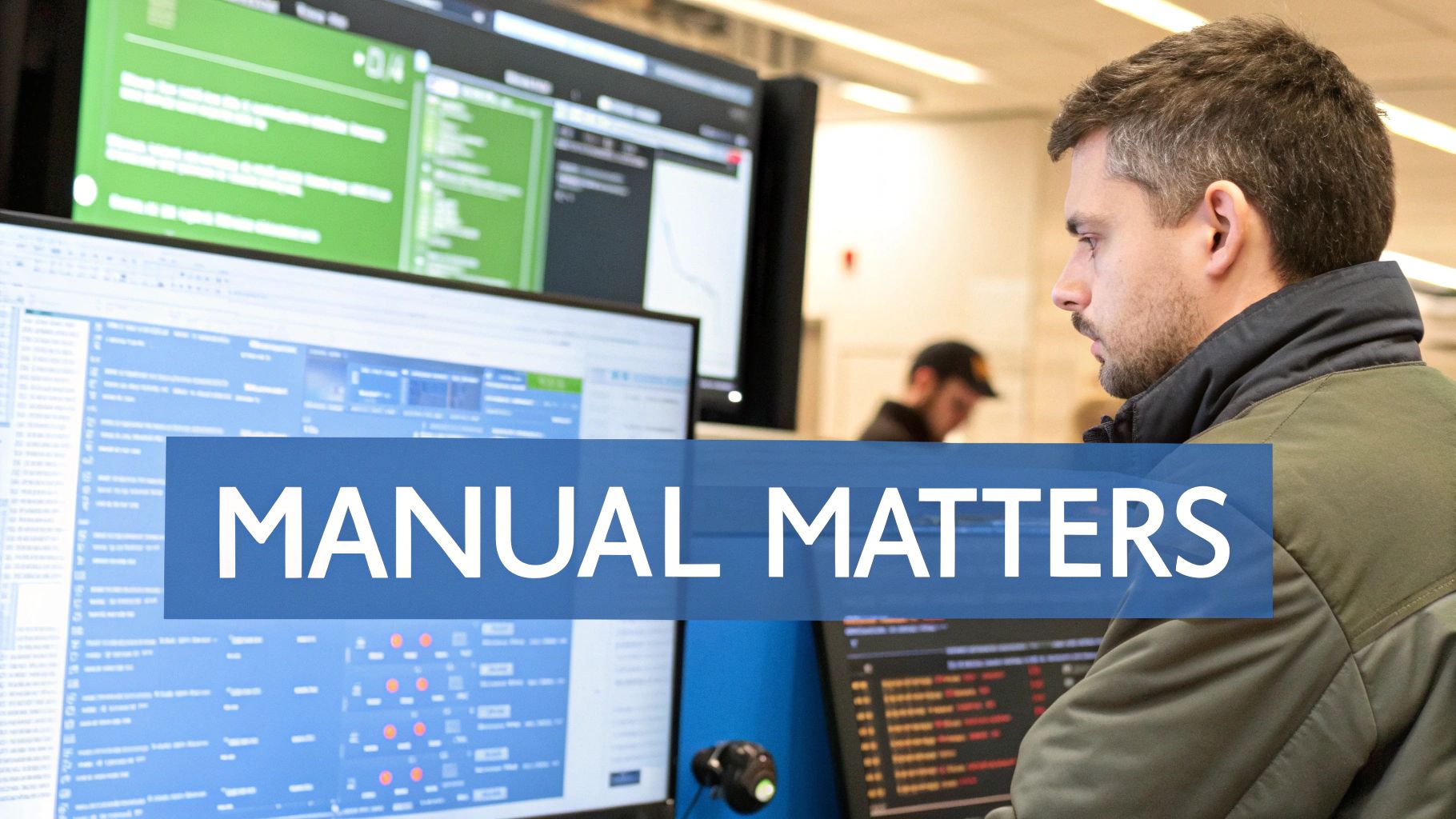 An abstract image contrasting a robotic arm (automated scans) with a human hand (manual pentesting) working on a digital network interface.