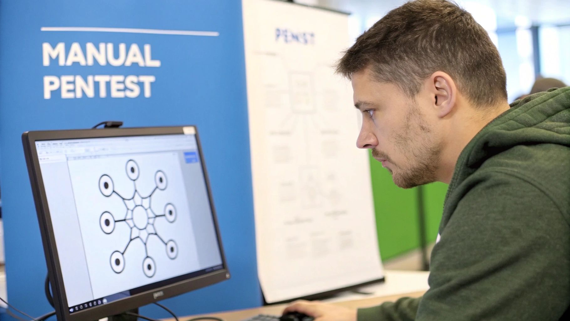 A security professional analyzing code on multiple monitors, representing manual pentesting for SOC 2 compliance.