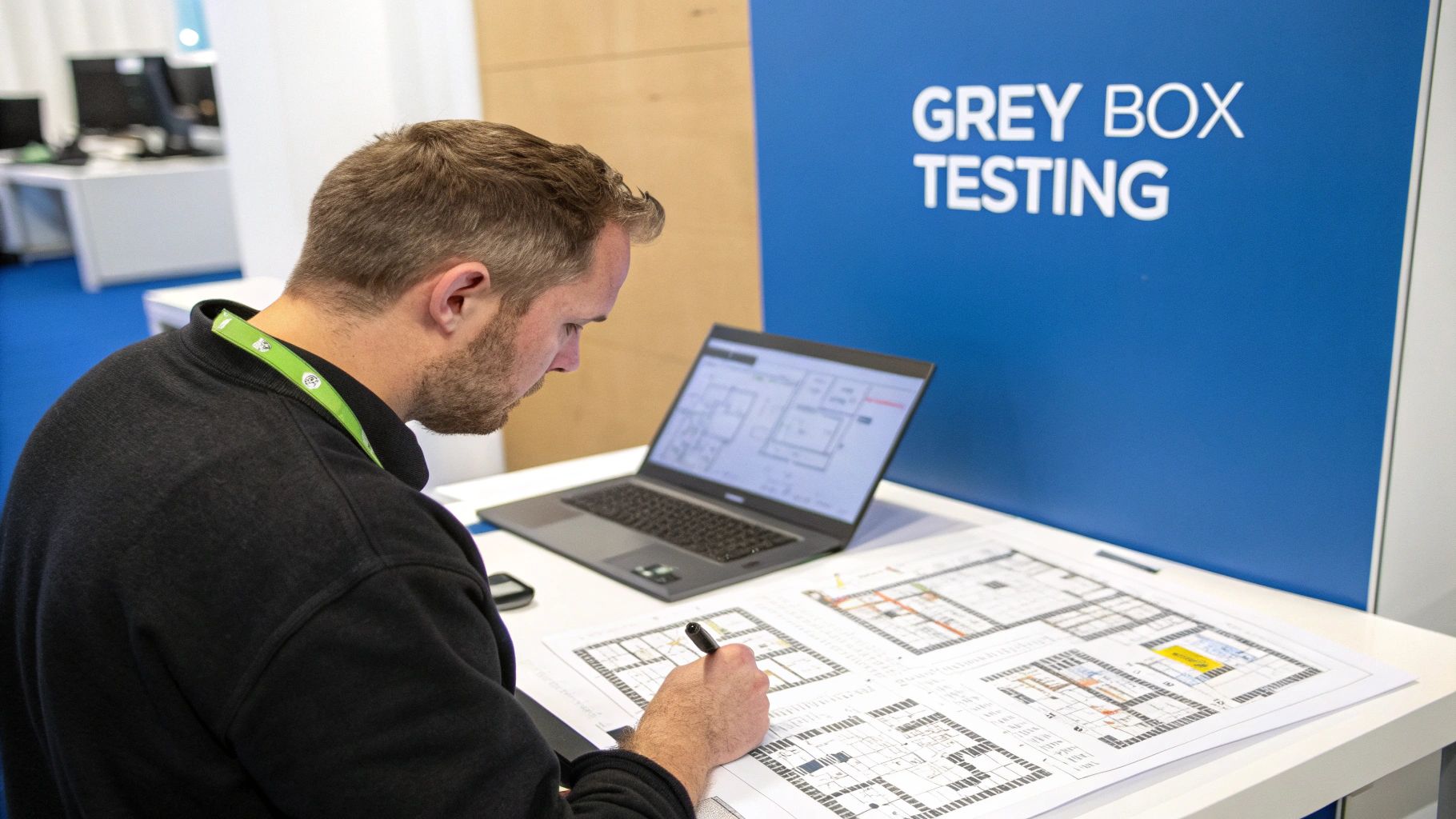 A cybersecurity expert analyzing code on a computer screen, representing the partial knowledge involved in grey box testing.
