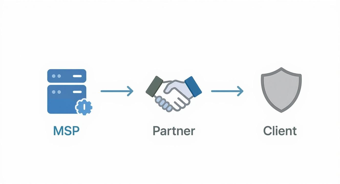 Infographic showing a process flow from MSP to Partner to Client, visualizing the benefits of a channel-only partnership.