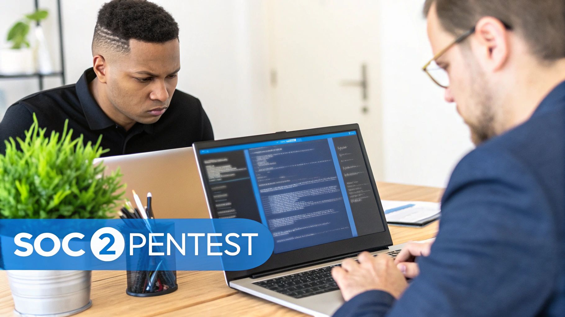 A cybersecurity professional analyzing data on multiple computer screens, representing a SOC 2 penetration test in action.