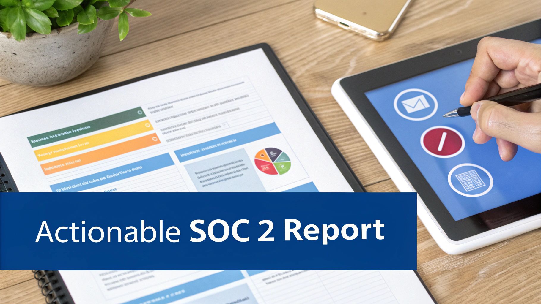 An image showing a professional presenting a clear, well-structured SOC 2 penetration test report to a client, highlighting key findings.