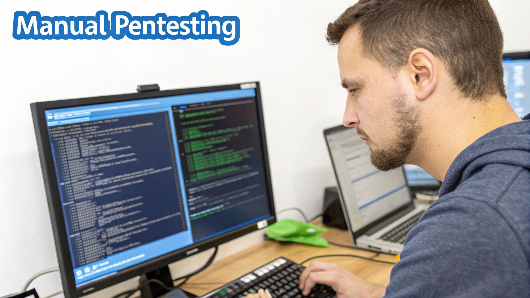 A professional pentester working in a dimly lit room, surrounded by multiple screens displaying code and network maps, symbolizing creative, manual testing.