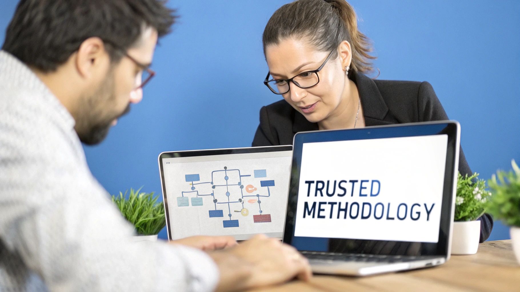 A security professional working on a laptop, analyzing code, representing a pen testing methodology.