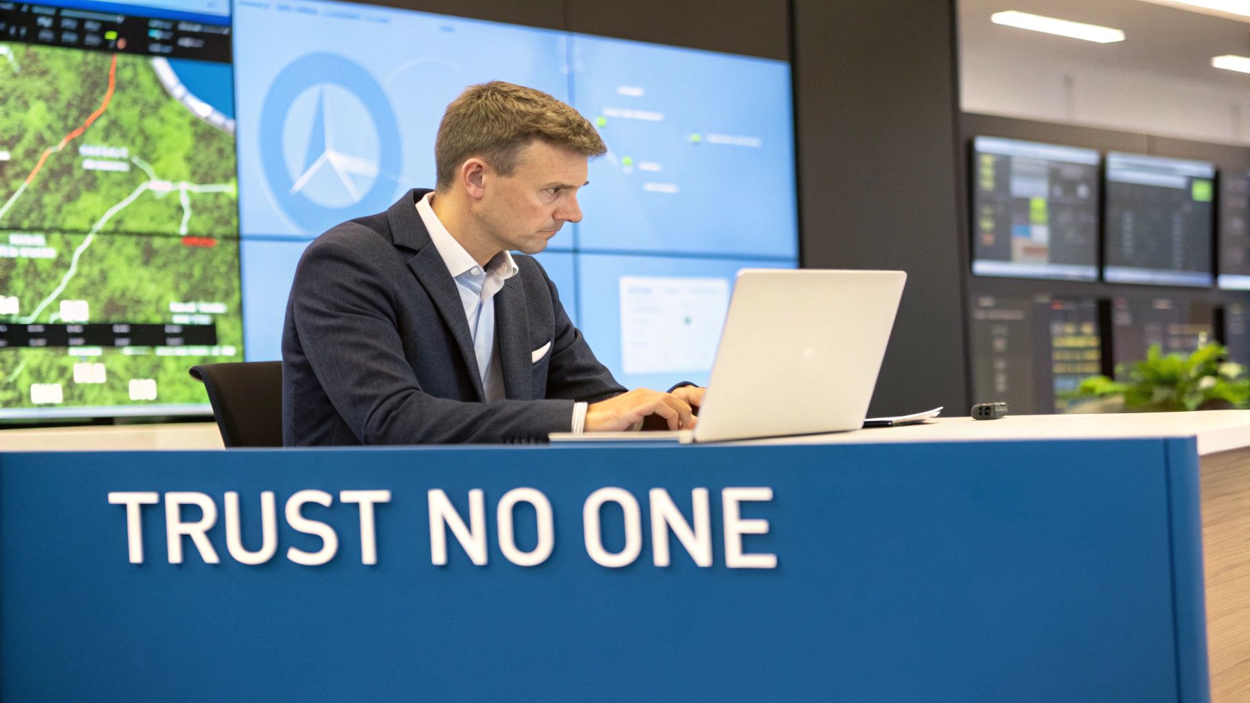 Cybersecurity professional working at laptop in modern security operations center with trust no one signage